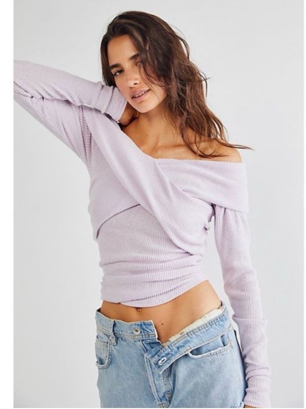 Off The Shoulder Ribbed Long-Sleeve Sweater Top - Light Lavender